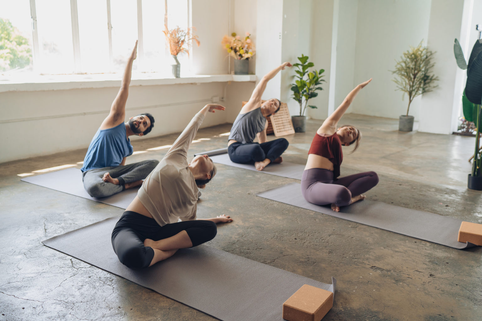 Members doing yoga class on mats in a sunlit studio